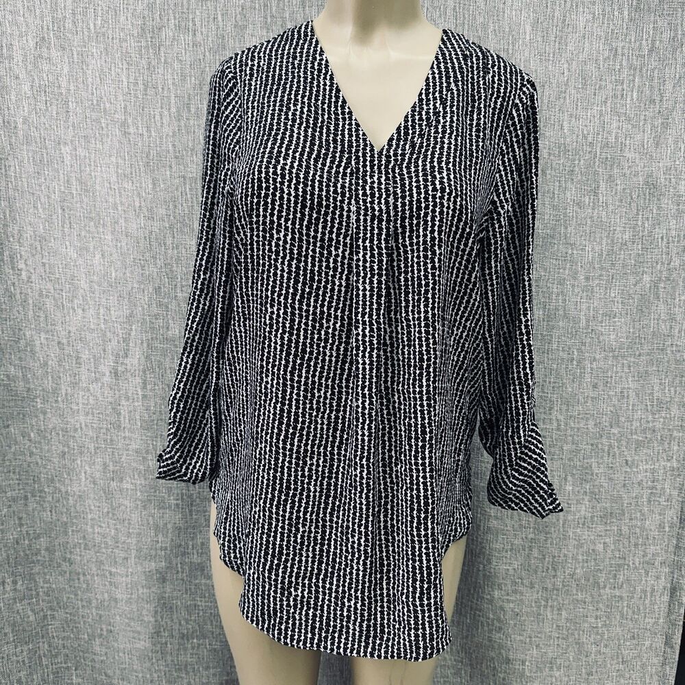 APT 9 Abstract Print V-Neck Long Blouse Roll tab Sleeve Tunic Top Boho career M